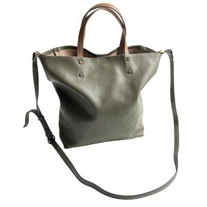 Olive‎ Green Faux Leather Tote Handbag Brown Handles Matching Shoulder Strap